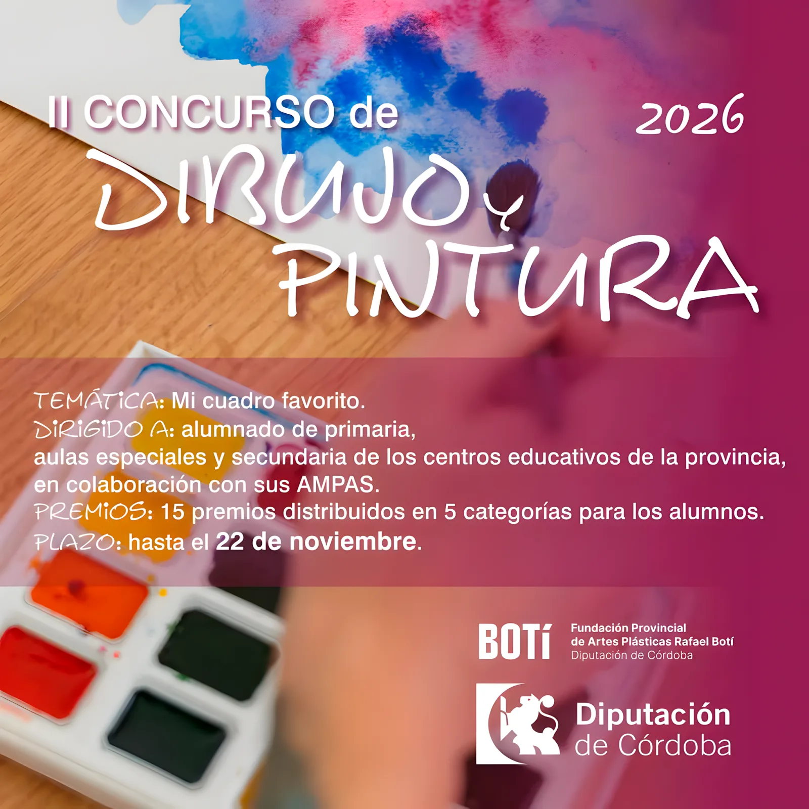 Cartel de un concurso de dibujo y pintura 2026 sobre una paleta de acuarelas y una pintura azul y rosa.
