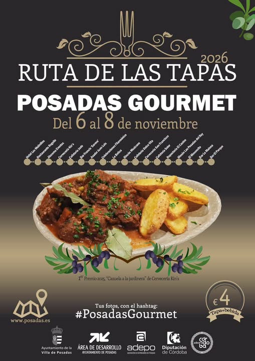 Cartel de la Ruta de las Tapas Posadas Gourmet con un plato de carne guisada con patatas y olivos.