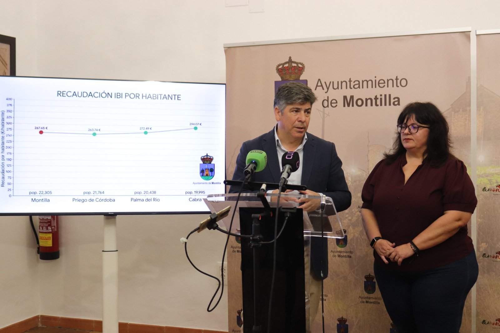 Un hombre habla ante micrófonos junto a una pantalla con un gráfico y una mujer, con un cartel del Ayuntamiento de Montilla.
