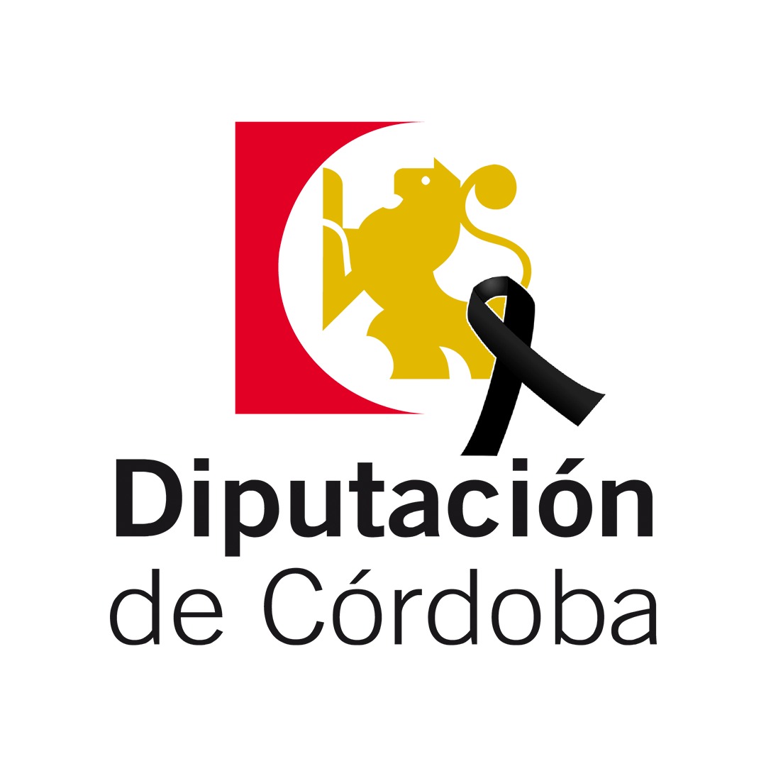 Logotipo de la Diputación de Córdoba, con un león amarillo sobre fondo rojo y un lazo negro de luto.