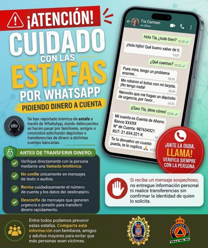 Cartel de alerta sobre estafas por WhatsApp que piden dinero, con un móvil mostrando una conversación y consejos de prevención.