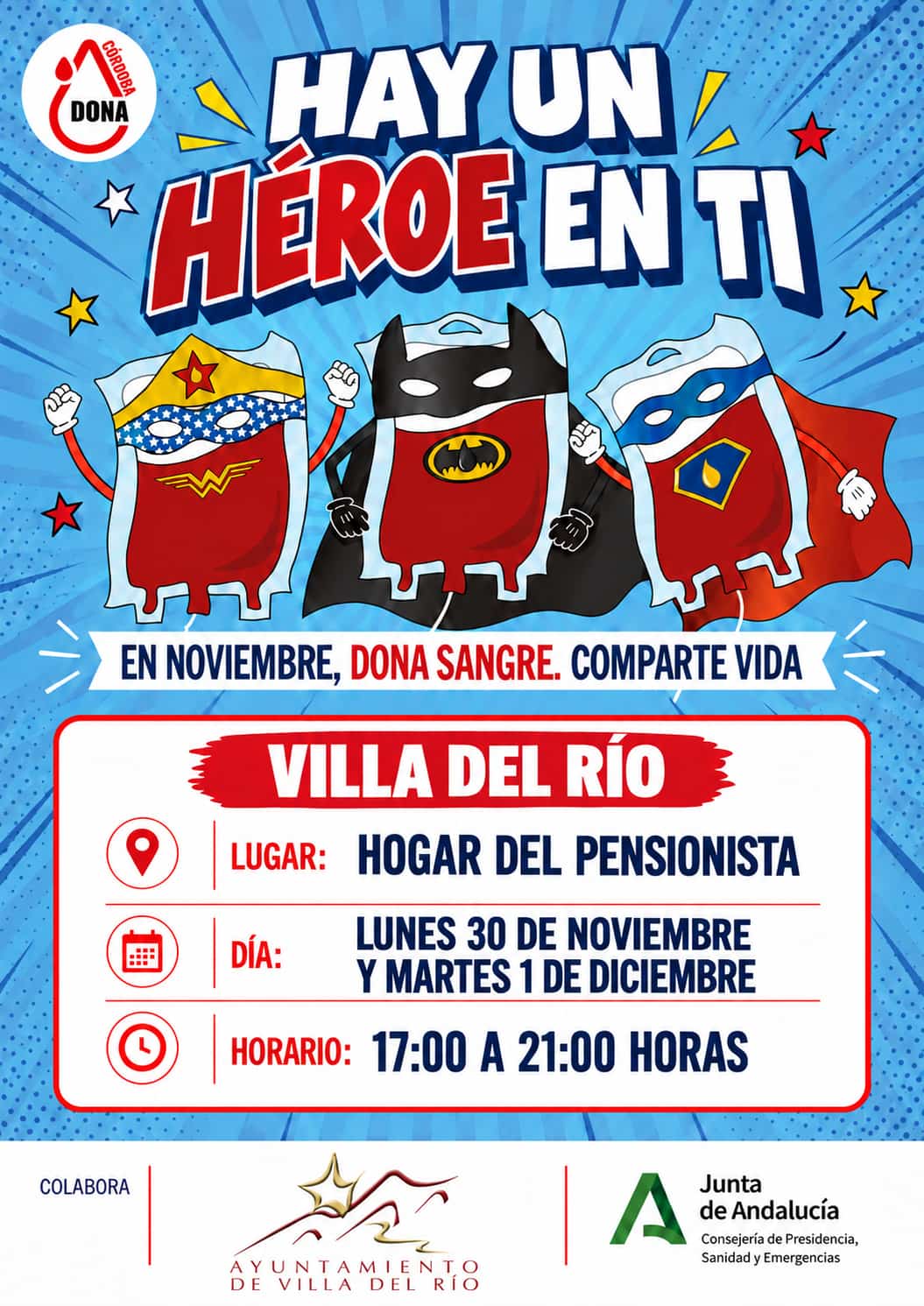 Cartel de donación de sangre con tres bolsas de sangre disfrazadas de superhéroes y datos de lugar, día y horario.
