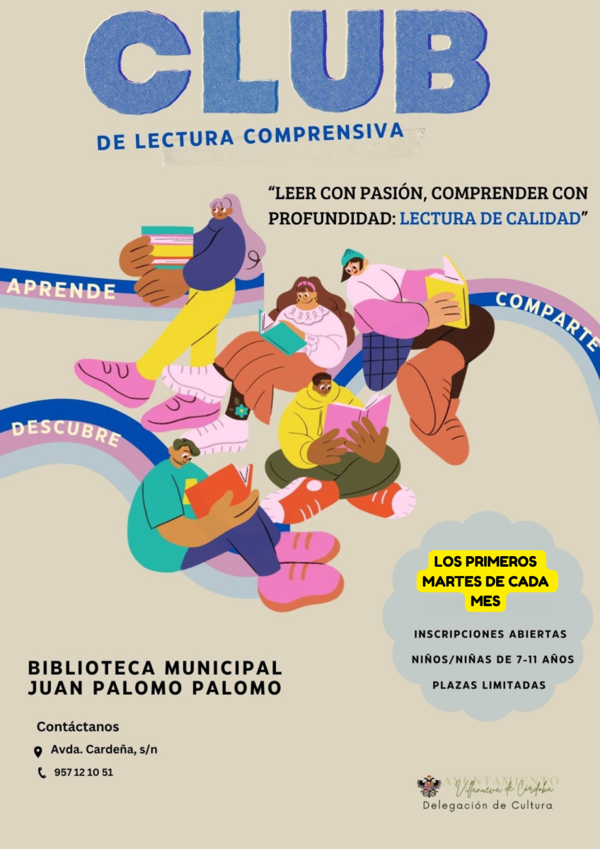Cartel de un club de lectura compresiva con personas leyendo y el texto Biblioteca Municipal Juan Palomo Palomo.
