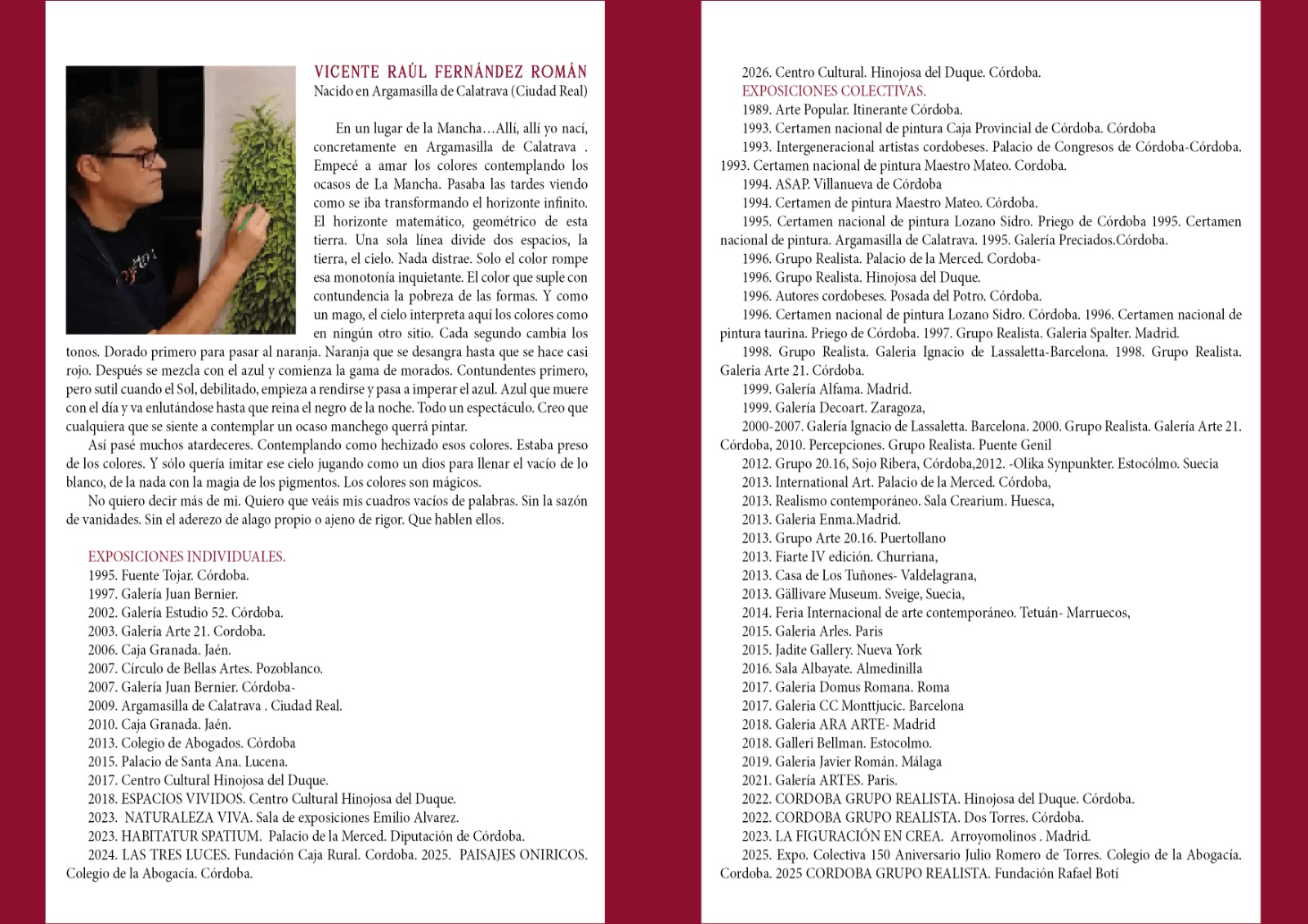 Página de catálogo con un retrato de un hombre con gafas junto a un texto biográfico y dos listas de exposiciones.