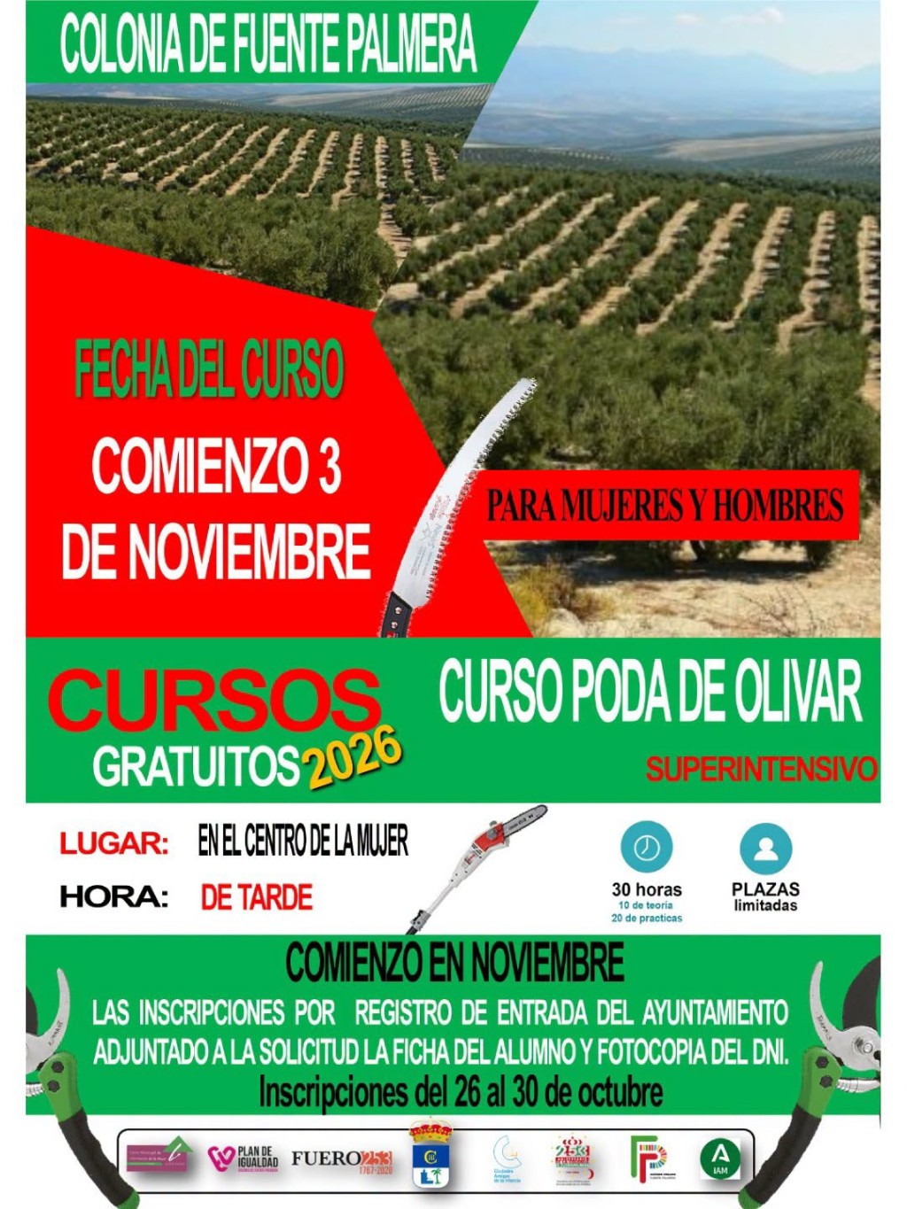 Cartel de un curso gratuito de poda de olivar superintensivo en Colonia de Fuente Palmera, con inicio el 3 de noviembre.