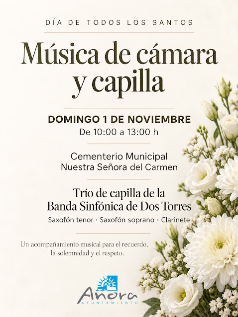 Cartel de música de cámara y capilla en el cementerio el 1 de noviembre, con flores blancas a la derecha.