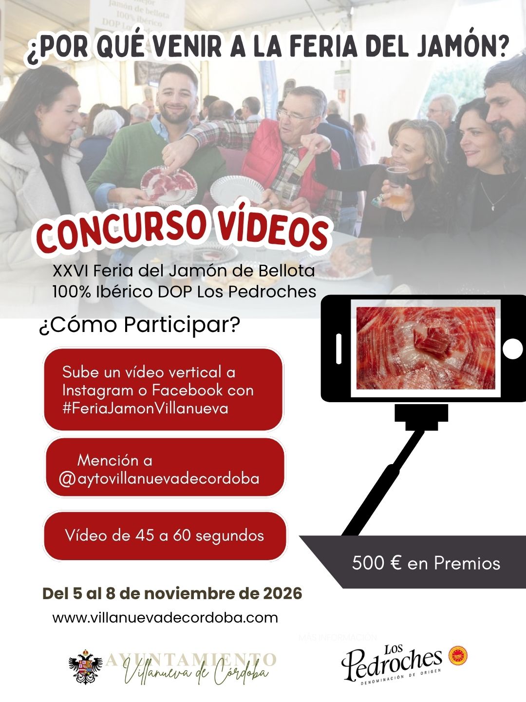 Cartel del concurso de vídeos de la Feria del Jamón, con personas degustando jamón y un móvil grabando una loncha.