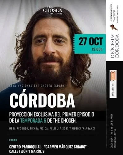 Cartel de una proyección con el rostro de un hombre de pelo largo y barba, el texto CÓRDOBA y la fecha 27 OCT.