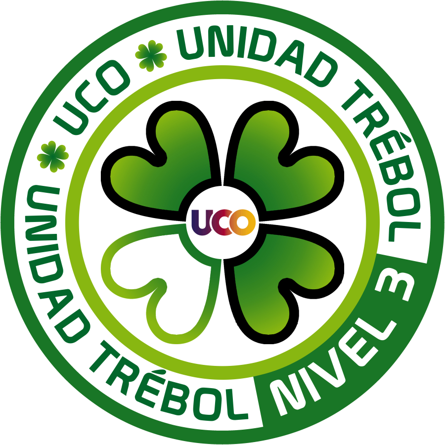 Emblema circular verde con un trébol de cuatro hojas y los textos UCO, Unidad Trébol y Nivel 3.
