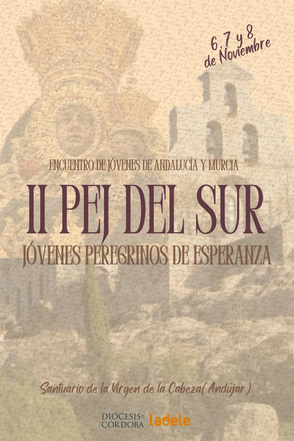 Cartel de texto sobre fondo beige con una imagen tenue de una Virgen y una iglesia, anunciando un encuentro de jóvenes en Andújar.