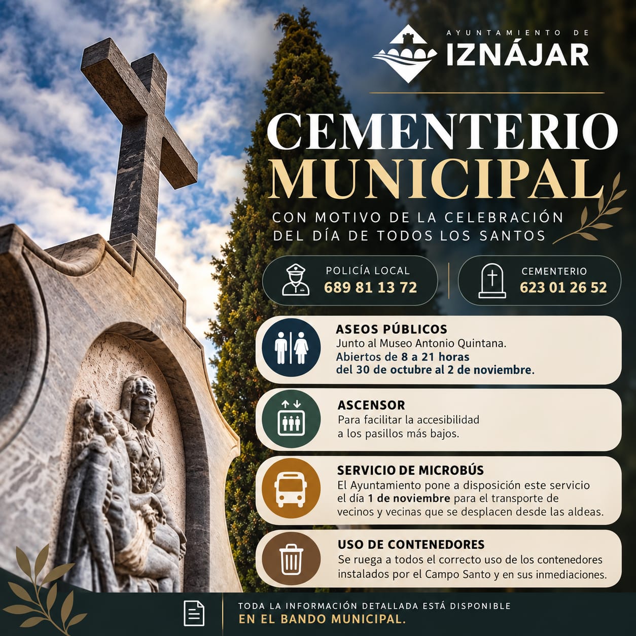 Cartel del Ayuntamiento de Iznájar sobre el cementerio municipal por el Día de Todos los Santos, con una cruz de piedra.