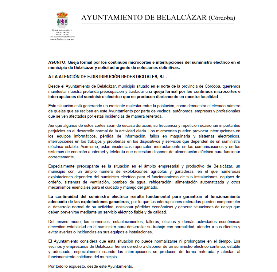 Documento con membrete del Ayuntamiento de Belalcázar (Córdoba) que encabeza una queja formal por microcortes eléctricos.