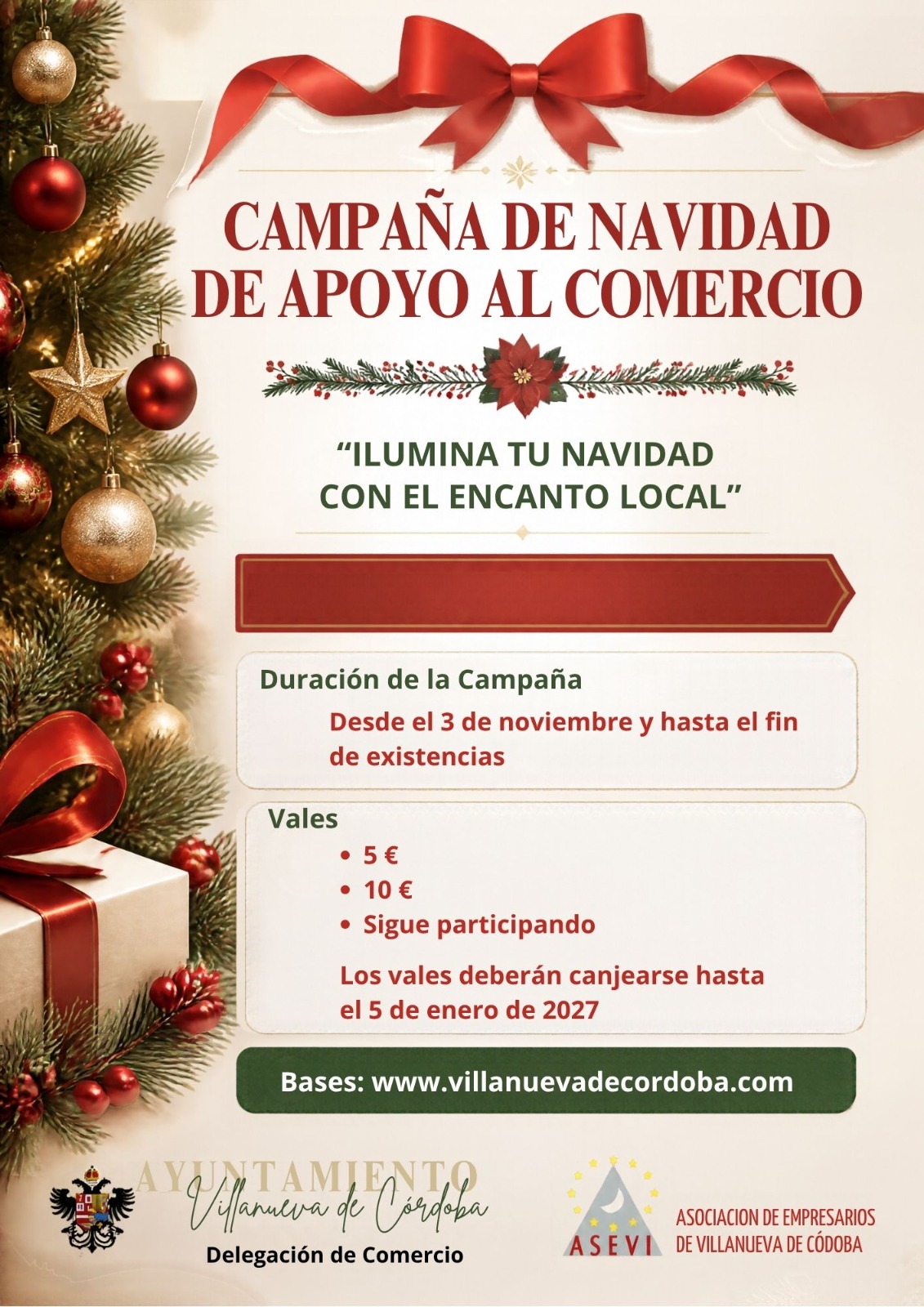 Cartel navideño con lazo rojo, ramas de pino y bolas doradas que anuncia una campaña de apoyo al comercio local con vales de 5 y 10 euros.