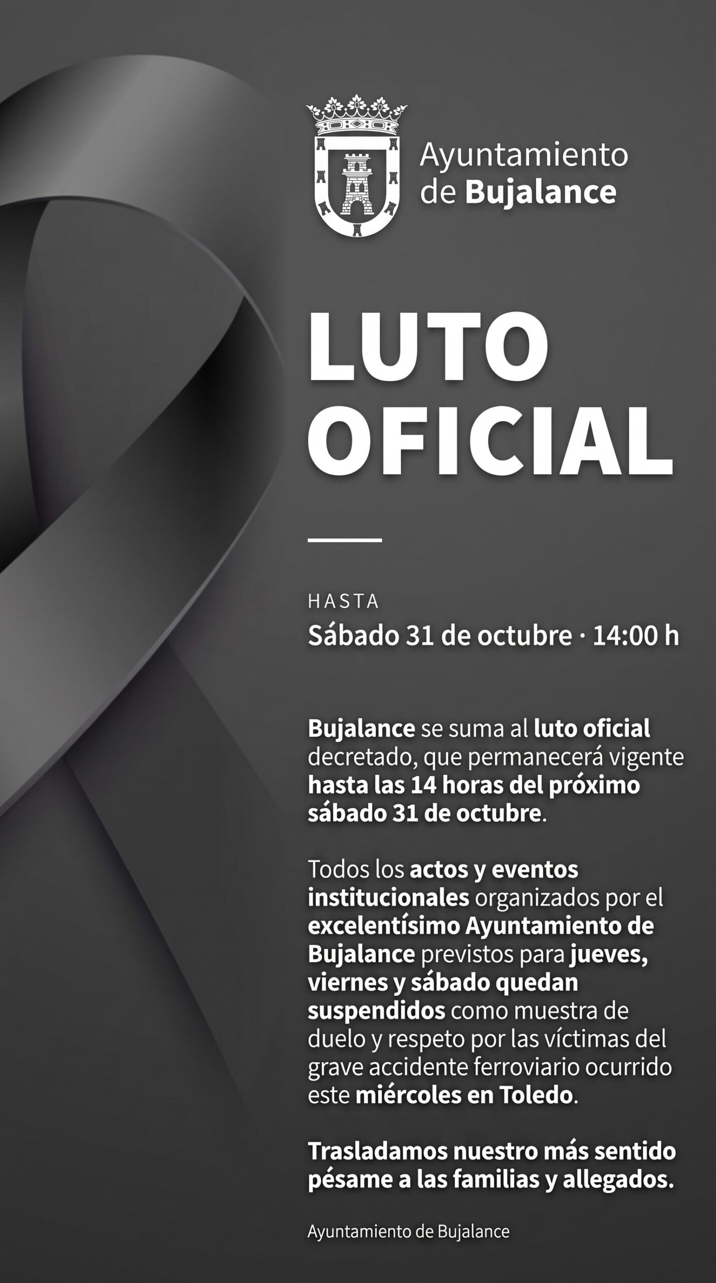 Cartel de fondo gris con lazo negro, escudo del Ayuntamiento de Bujalance y el texto LUTO OFICIAL hasta el 31 de octubre.