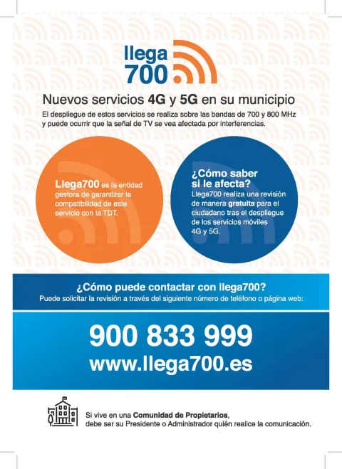 Cartel informativo sobre la llegada de servicios 4G y 5G y su posible interferencia en la TDT, con teléfono y web de contacto.