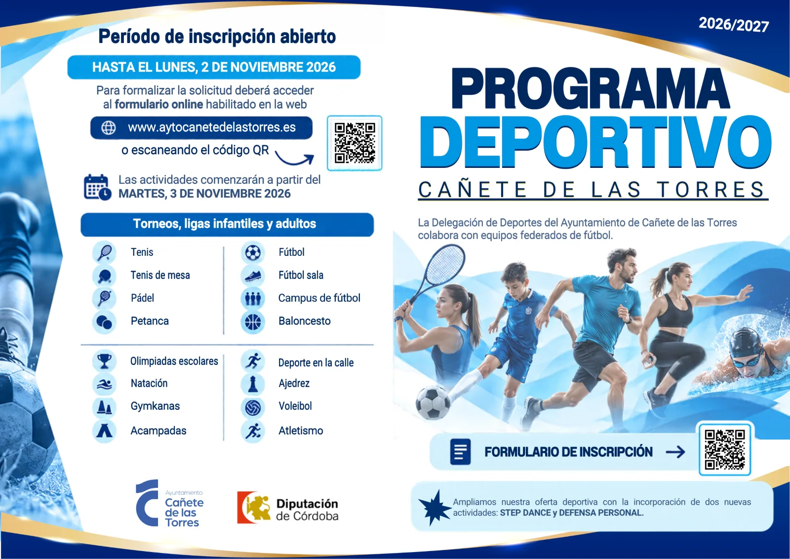 Cartel azul y blanco del programa deportivo municipal con lista de actividades, fechas de inscripción y códigos QR.