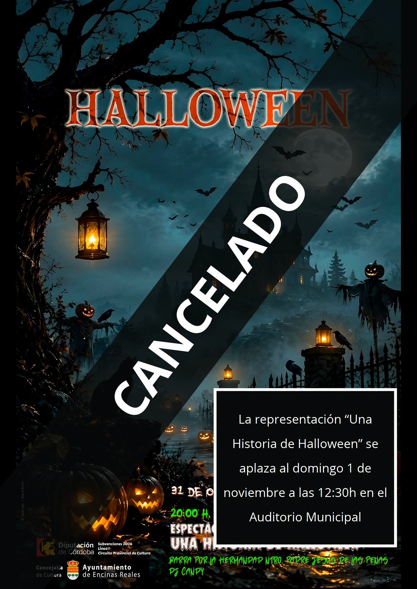 Cartel de Halloween con calabazas, murciélagos y faroles, atravesado por la palabra CANCELLED y un aviso de aplazamiento.