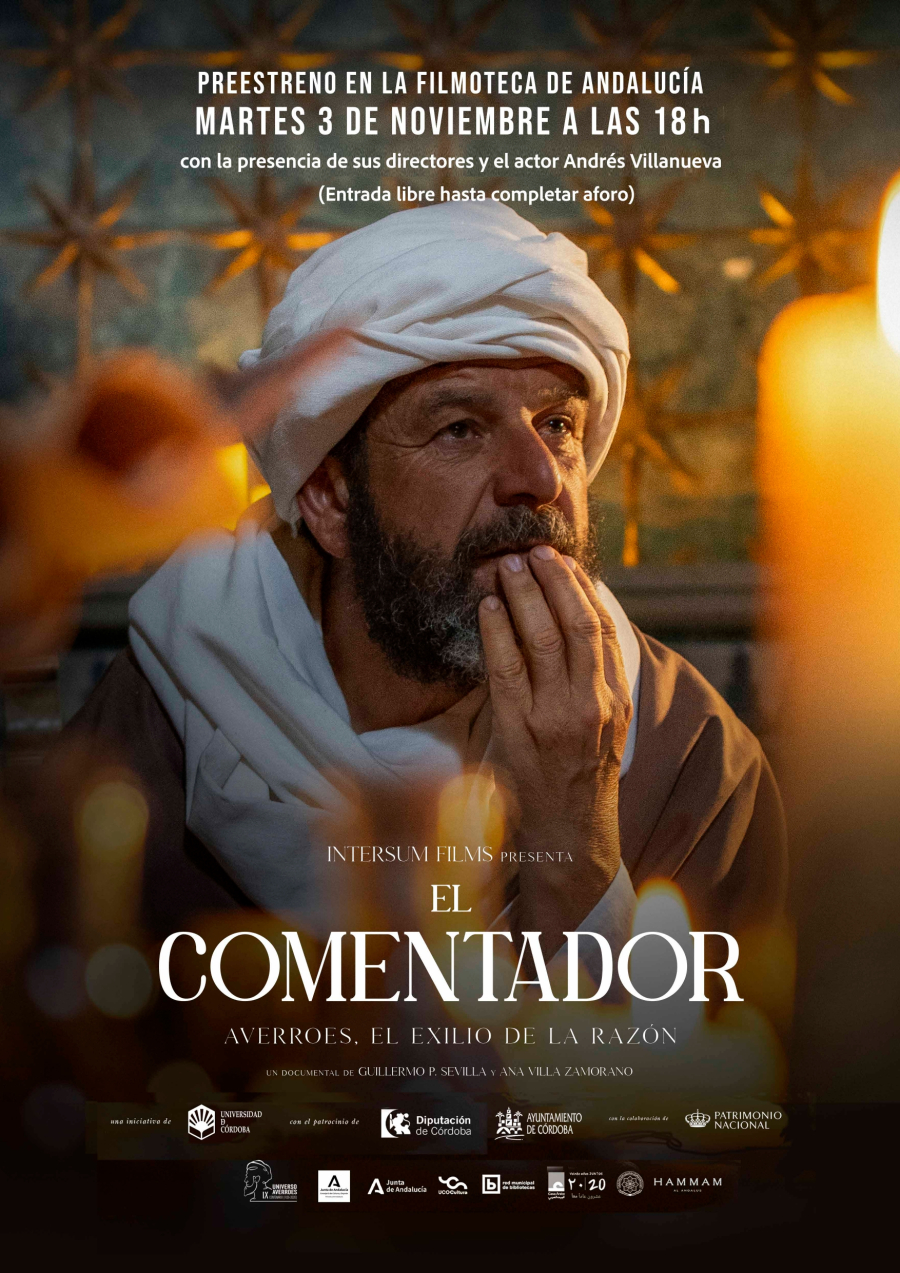 Cartel de la película El Comentador con un hombre barbudo con turbante blanco y la mano en la barbilla.