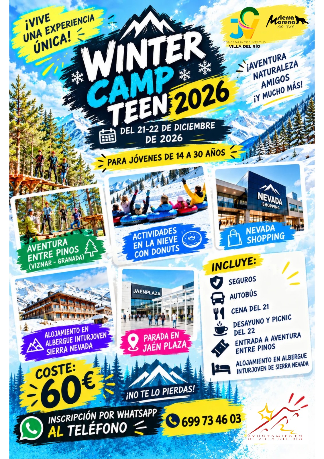 Cartel del Winter Camp Teen 2026 con fotos de actividades en la nieve, alojamiento y compras, y el precio de 60 €.