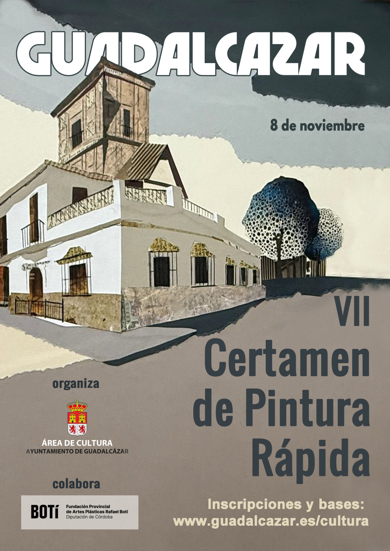 Cartel ilustrado con un edificio encalado de torre y un árbol, y el texto Guadalcázar, 8 de noviembre, VII Certamen de Pintura Rápida.