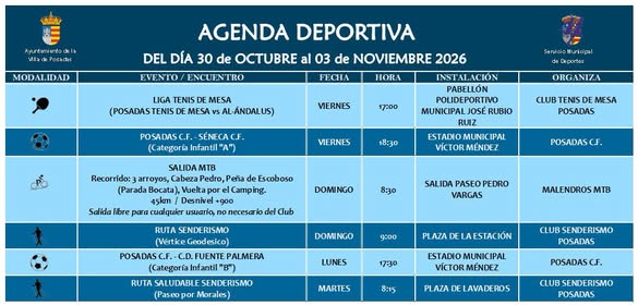 Cartel de agenda deportiva con una tabla de eventos por modalidad, fecha, hora, instalación y organización.